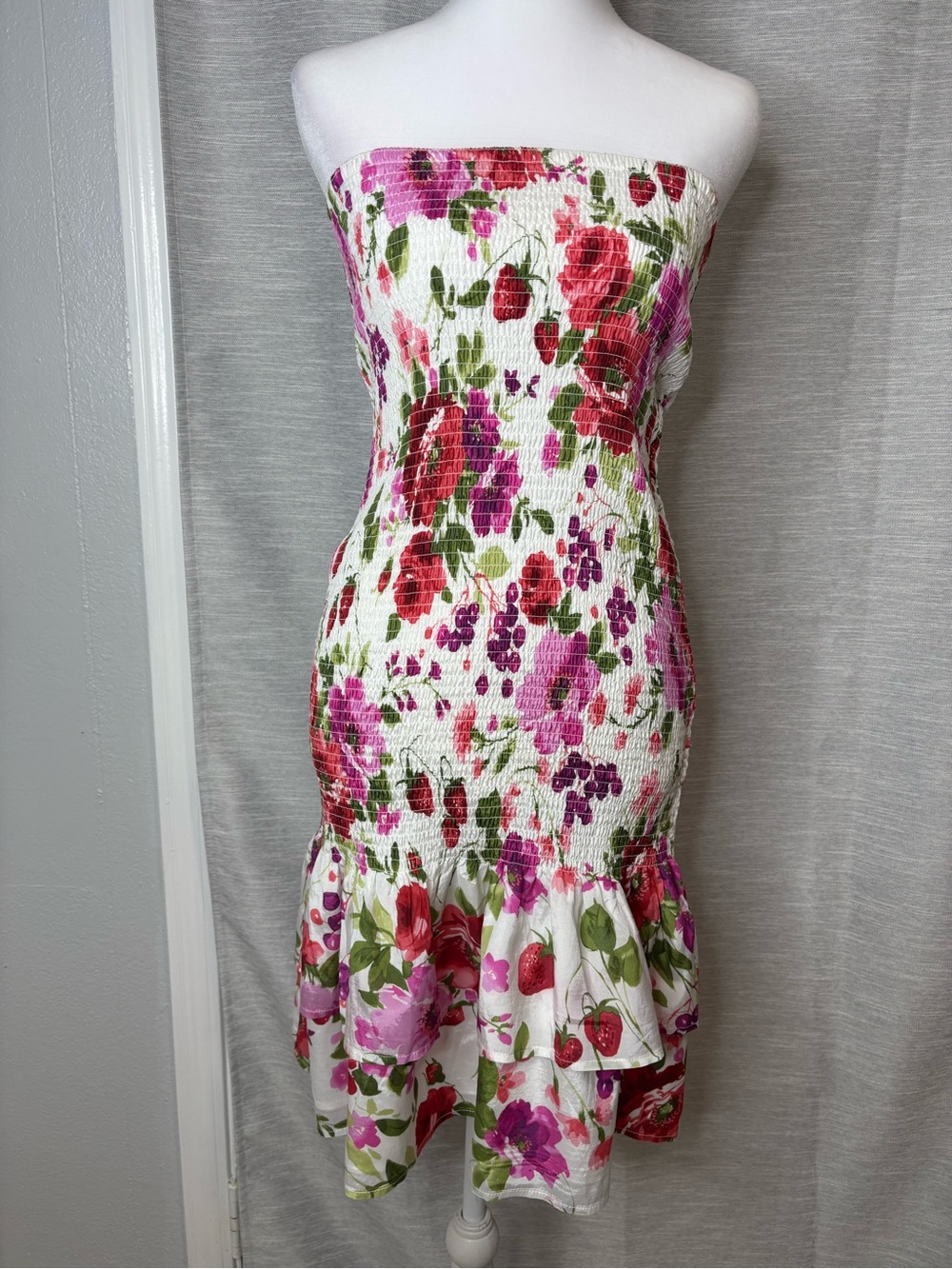 Abercrombie & Fitch White Strapless Smocked Dress with Pink & Red Floral Print